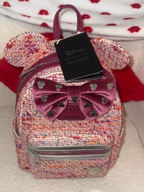 Disney x Loungefly Pink Tweed Minnie Ear Mini Backpack. NWT.